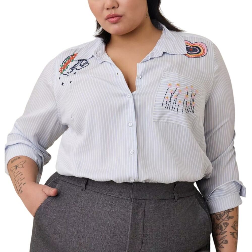 Torrid 1X Lizzie Rayon Twill Embroider Button Up Long Sleeve Shirt Skull Whimsy